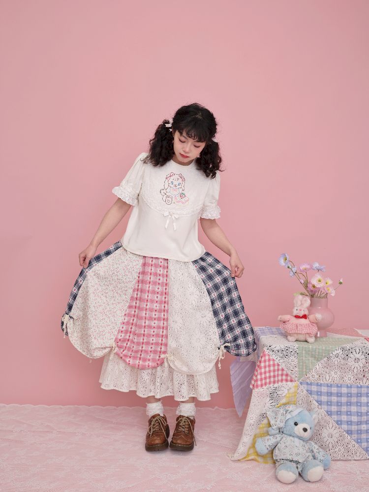 Lace Ribbon Bubble Sleeve T-Shirt【s0000012014】