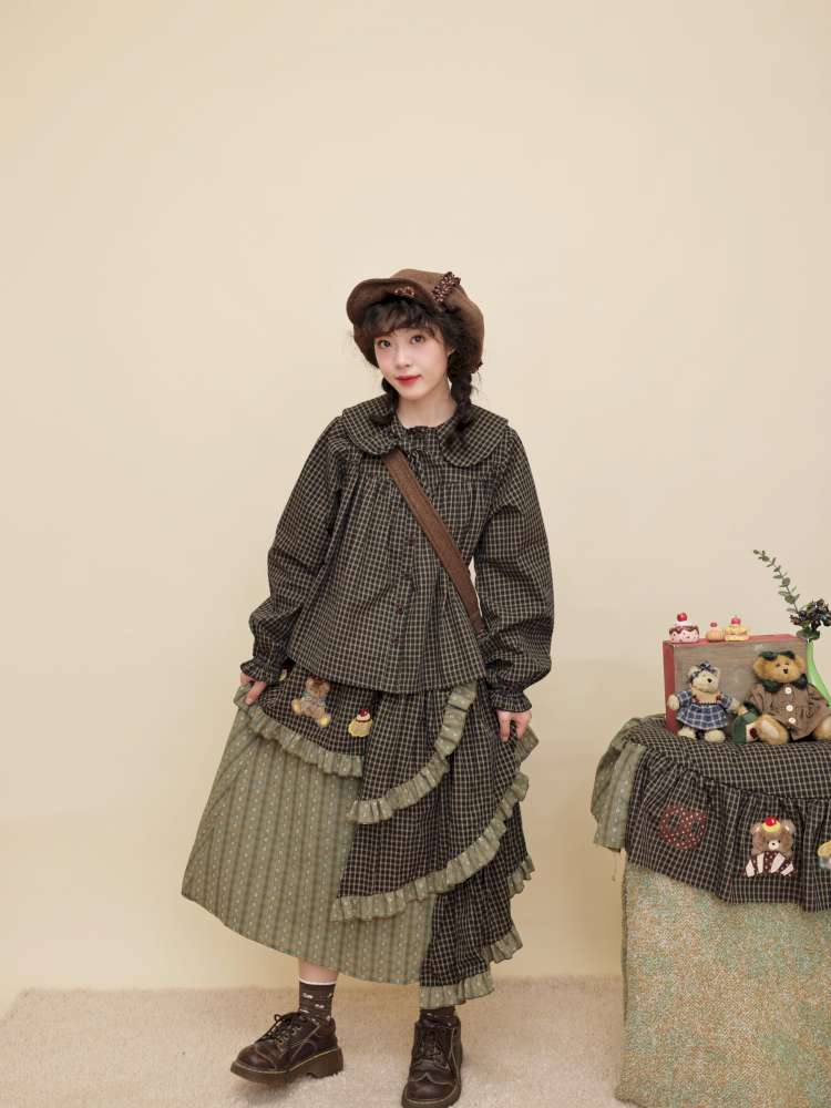 Vintage Girly Dark Green Plaid Shirt【s0000014842】