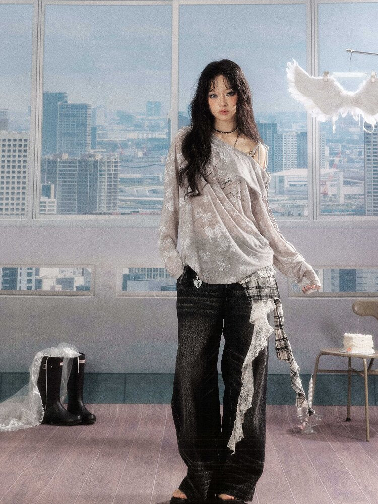 Plaid Ruffled Wide Leg Jeans【s0000016268】