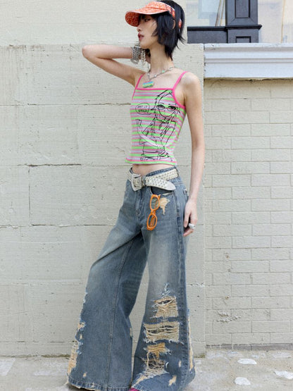 Card-playing girl striped tank top【s0000012959】