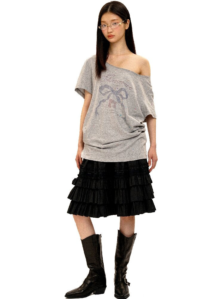 Bow Print Diamond Distressed Tee【s0000016425】