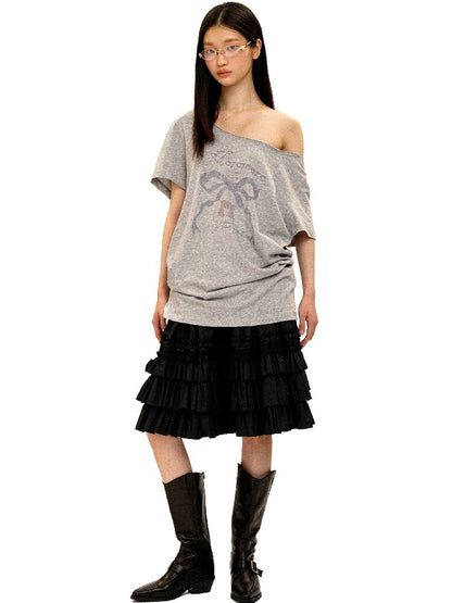Bow Print Diamond Distressed Tee【s0000016425】