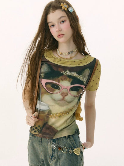 Retro Vintage Cat Print T-Shirt【s0000016855】
