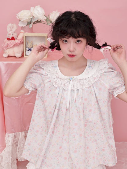 Rose pattern puff sleeve top【s0000012851】