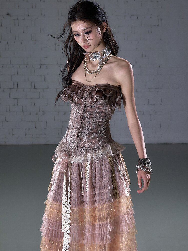 Patchwork Lace Satin Short Corset【s0000016204】