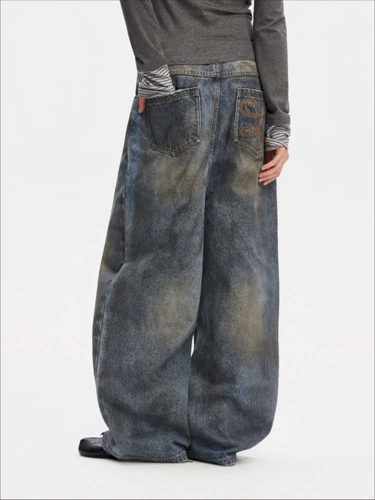 Vintage Yellow Mud Distressed Wide-Leg Jeans【s0000014873】