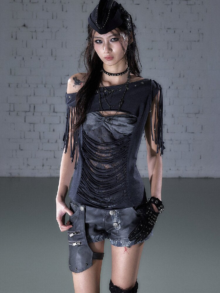 Patchwork Lace Fringe Slim T-Shirt【s0000016205】