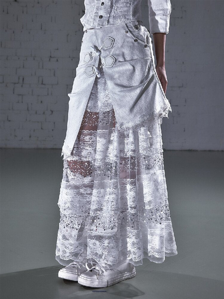 Stitched Lace Denim Maxi Skirt【s0000015940】