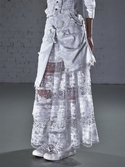Stitched Lace Denim Maxi Skirt【s0000015940】