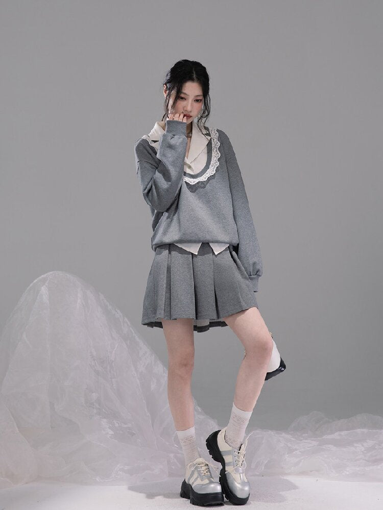U-neck Sweatshirt Pleated Skirt Set【s0000015742】