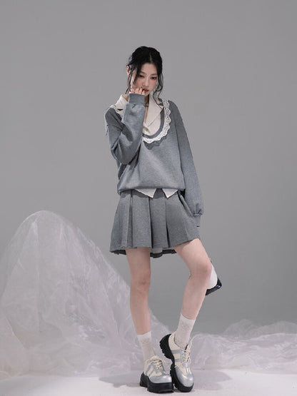 U-neck Sweatshirt Pleated Skirt Set【s0000015742】