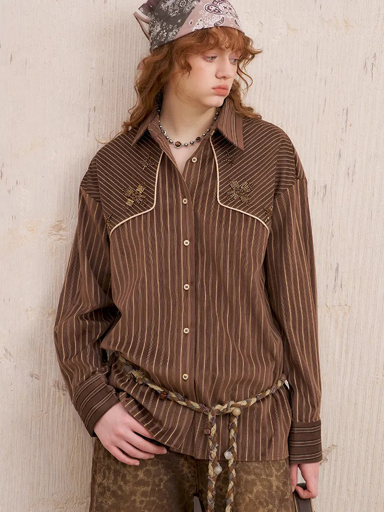 Velvet Beaded Contrast-Striped Vintage Shirt【s0000014079】