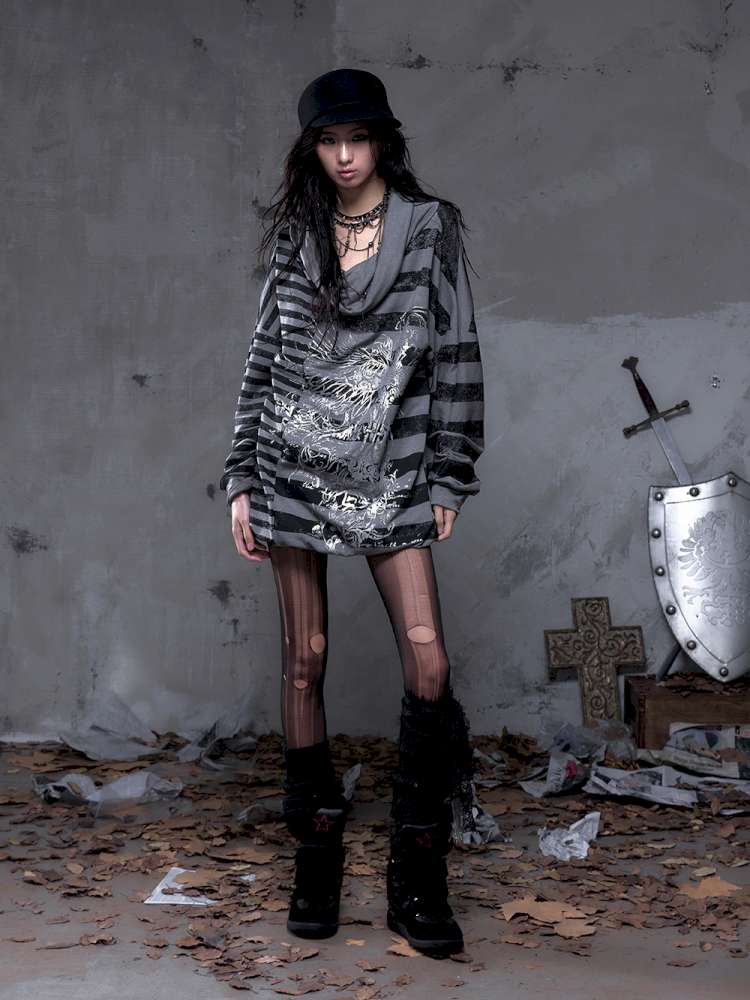 Striped Print Loose Bat Sleeve Dress【s0000014658】