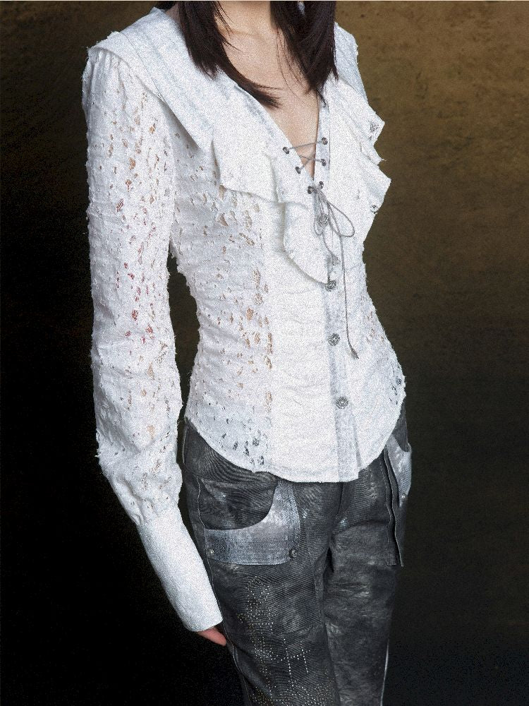 Ruffle Double Layer Collar Slim Shirt【s0000011814】