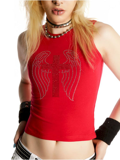 Cross Hot Rhinestone Short Slim Tank Top【s0000012455】