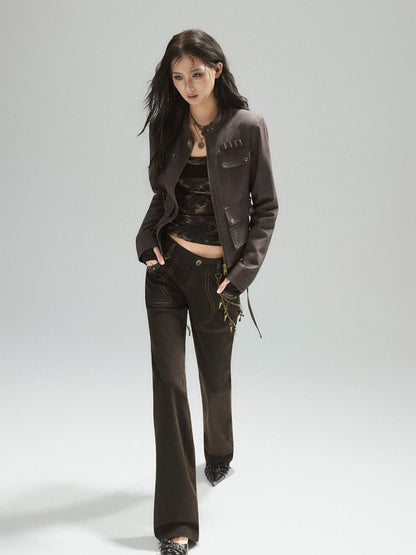 Coffee Low-Rise Leather Slacks【s0000015606】