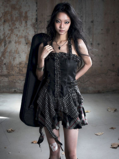 Patchwork Lattice Waisted Dress【s0000013889】