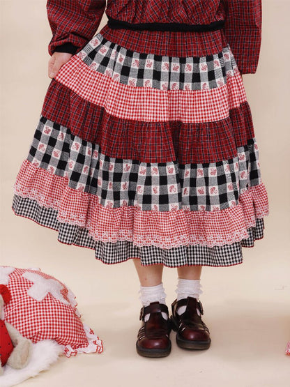 Checkered Patchwork Lace Dress【s0000019285】