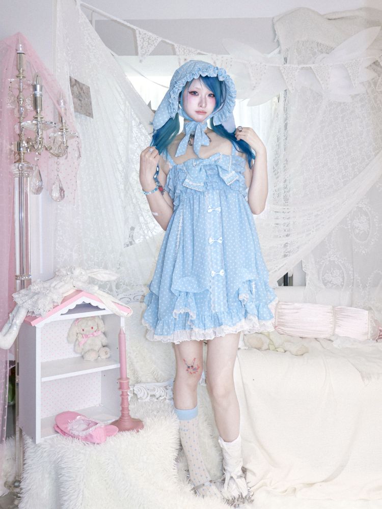 Polka dot strapless dress/chiffon bow jacket【s0000012689】