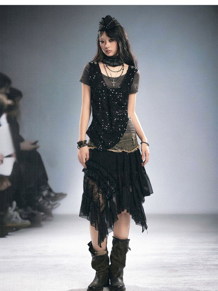 Lace Patchwork Irregular Mesh Skirt【s0000015449】