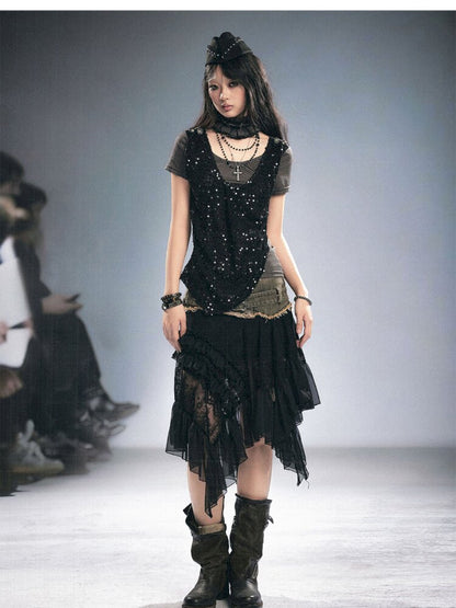 Lace Patchwork Irregular Mesh Skirt【s0000015449】