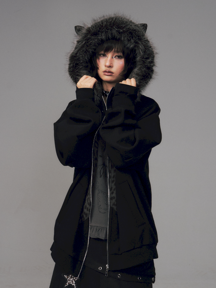 Cat Ears Leopard Print Fleece Hooded Jacket【s0000014708】