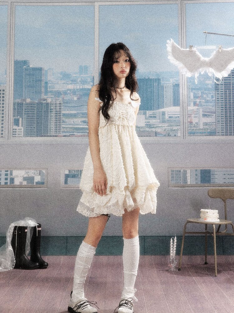 Shirred Lace White Texture Dress【s0000016278】
