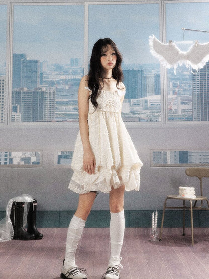 Shirred Lace White Texture Dress【s0000016278】