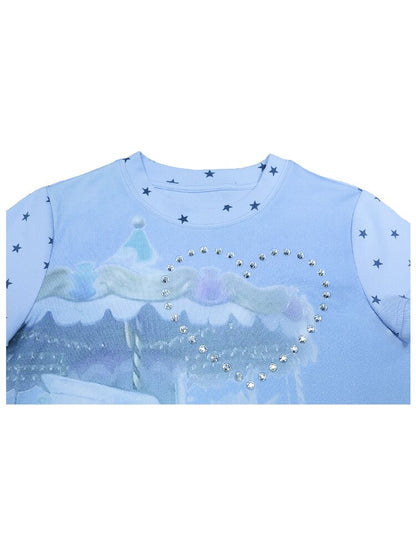 Rhinestone Unicorn Stitching Tee【s0000017132】