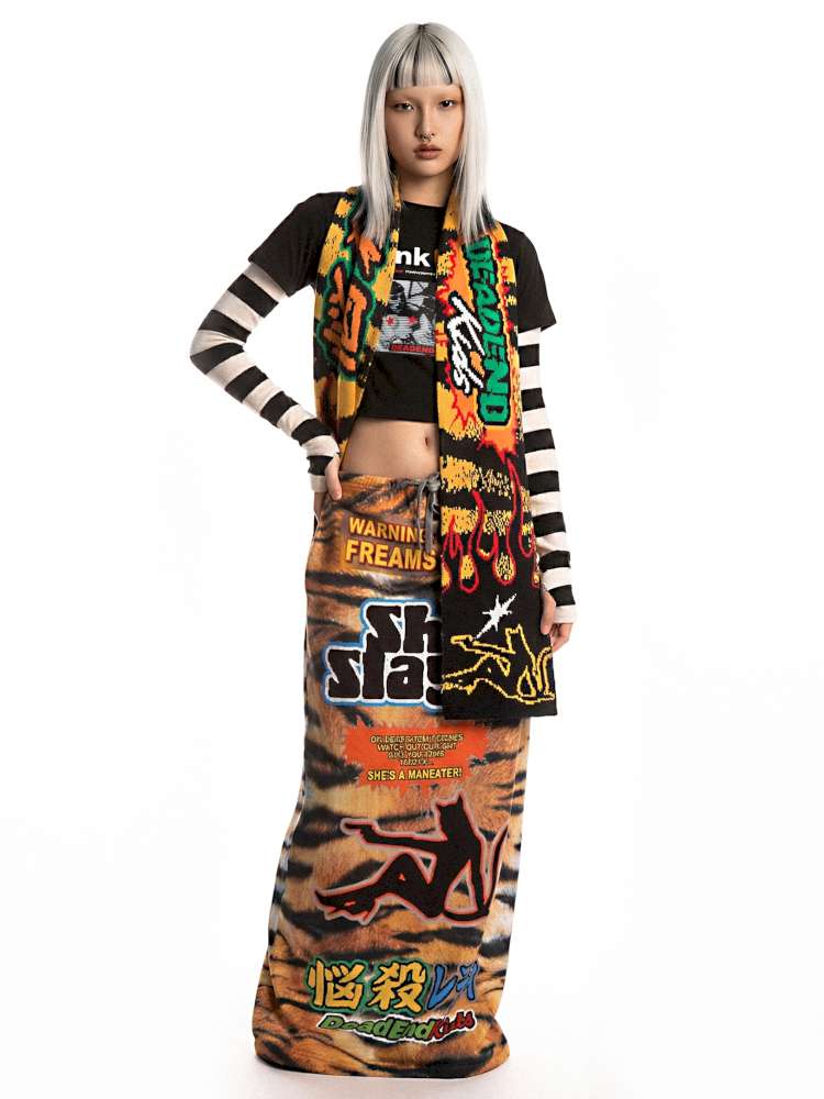 Tiger Print Knitted Scarf Contrast Y2K Trend【s0000014916】