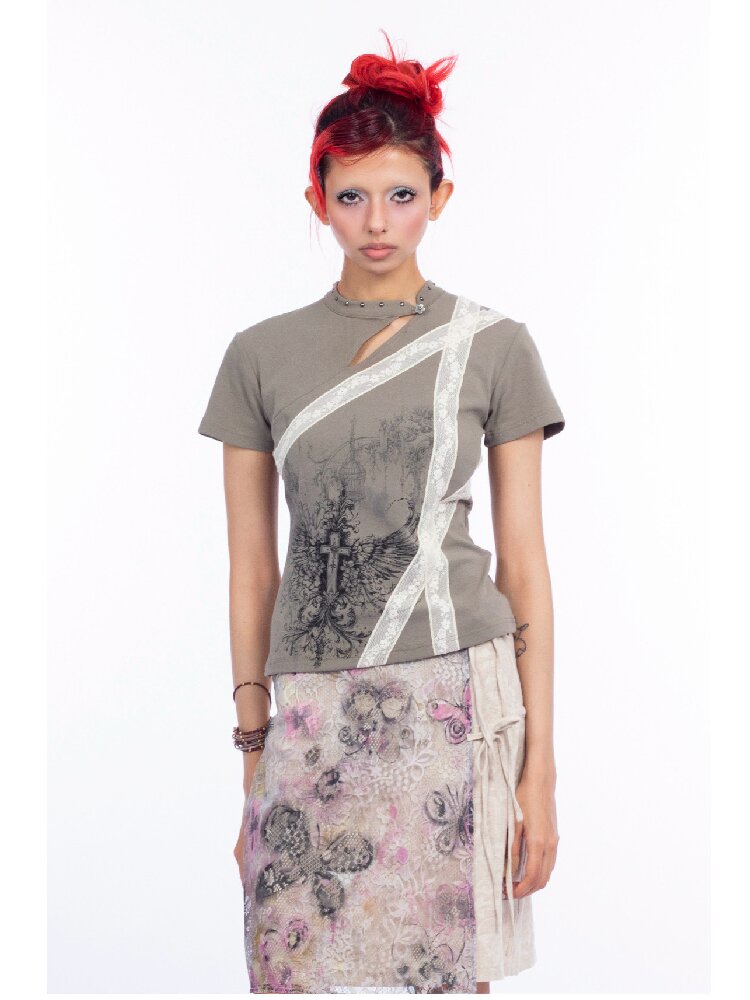 Cross Wing Print Cotton Cheongsam T-Shirt【s0000018064】