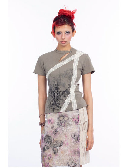 Cross Wing Print Cotton Cheongsam T-Shirt【s0000018064】