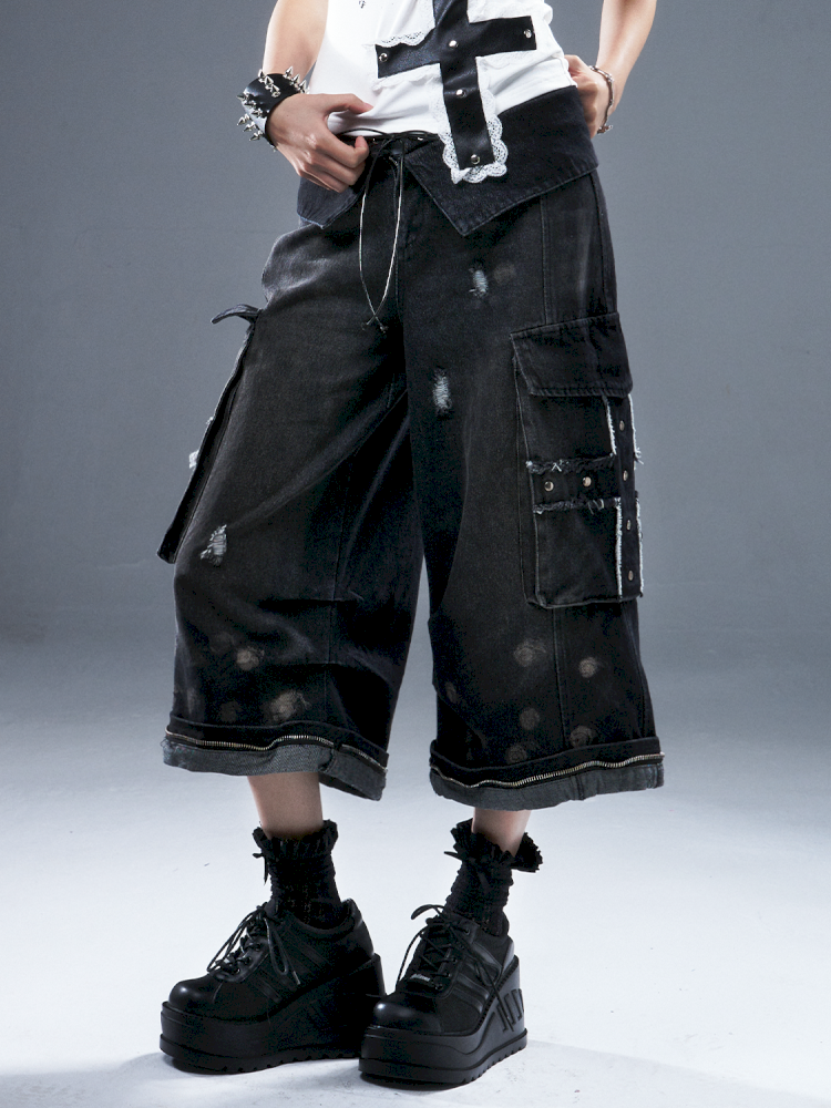 Denim Ripped Knee-Length Pants【s0000012942】