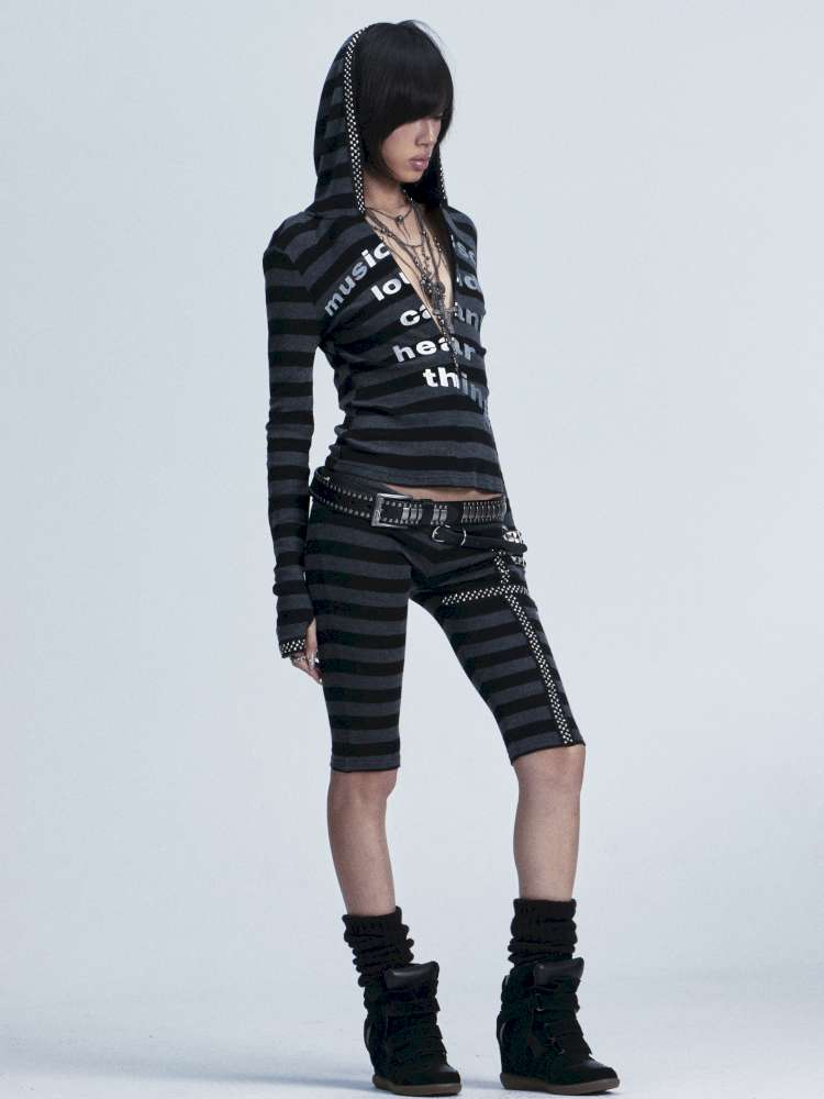 Black Gray Striped Stud Top Set【s0000014667】