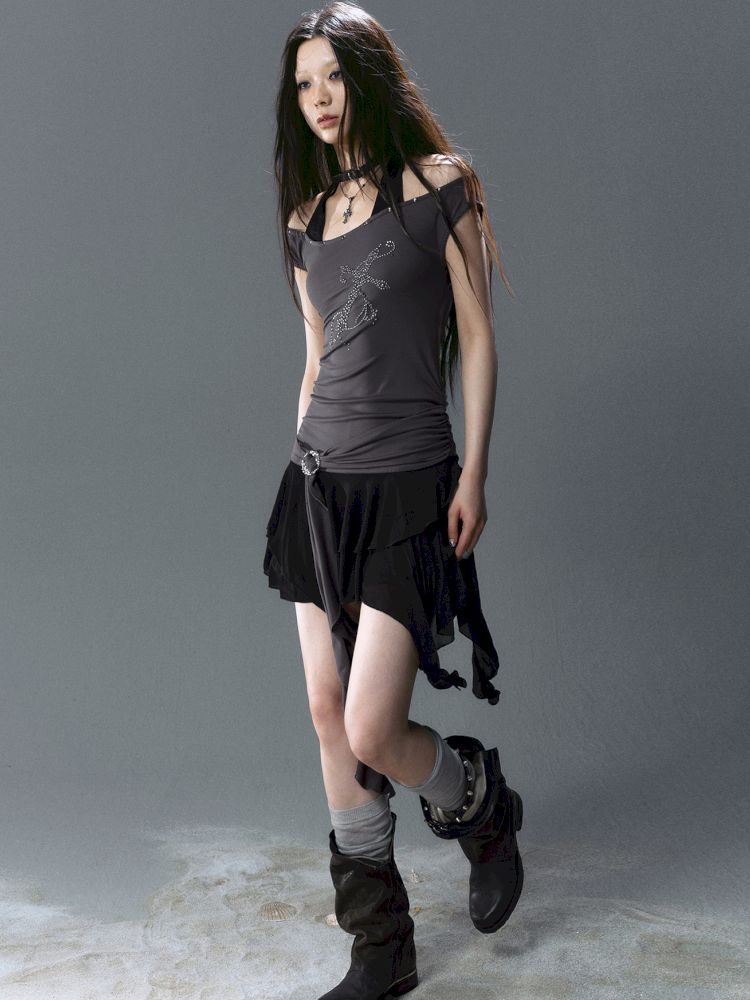 Chiffon ruffle patchwork off-the-shoulder dress【s0000012801】