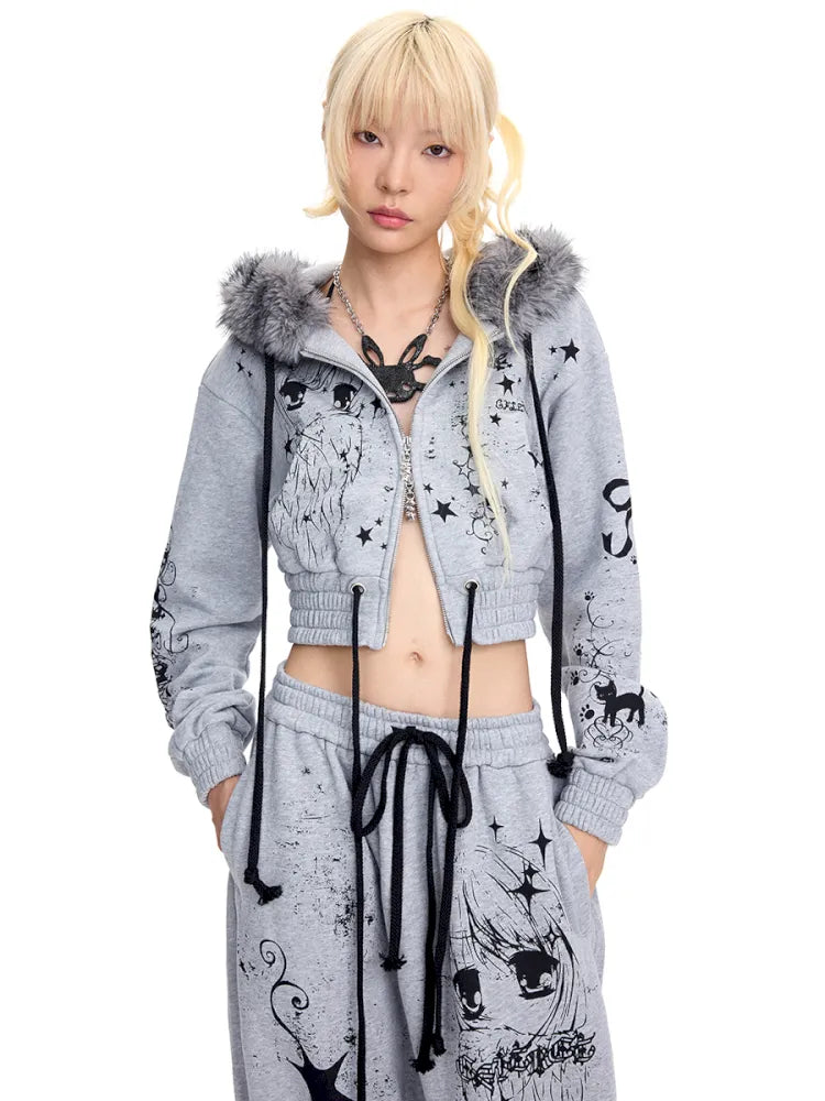 Angel Girl Doodle Print Short Hoodie【s0000014090】