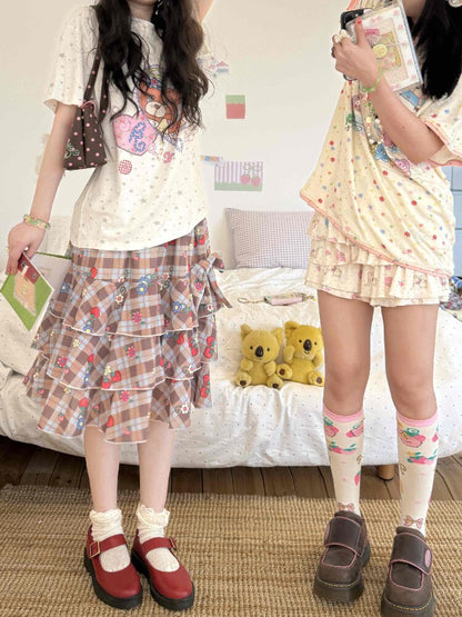 Strawberry Plaid Print Midi Skirt【s0000017504】