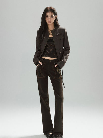 Coffee Low-Rise Leather Slacks【s0000015606】