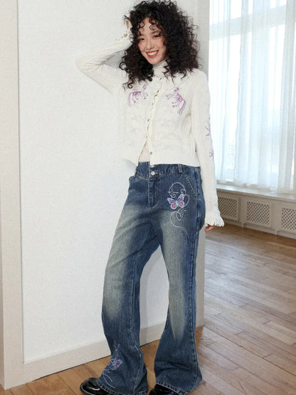 Butterfly Embroidered Slightly Flared Jeans【s0000013987】