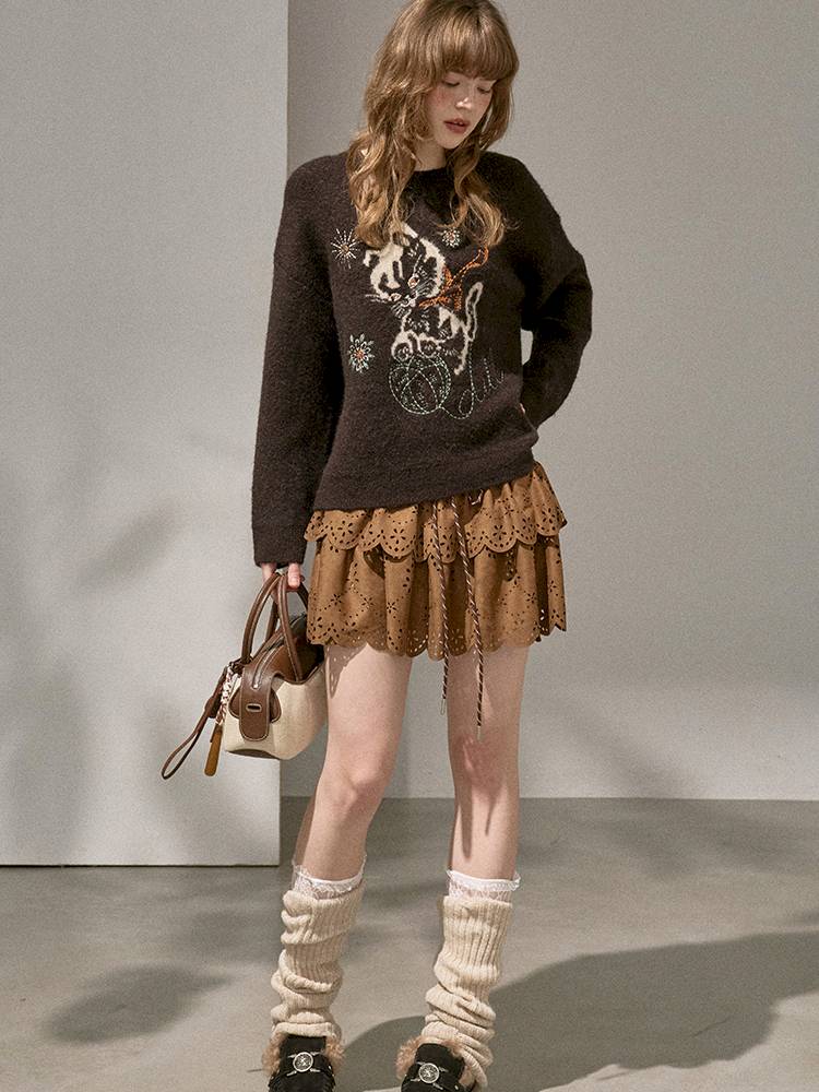 Playful Kitten Round Neck Long Sleeve Sweater【s0000014402】