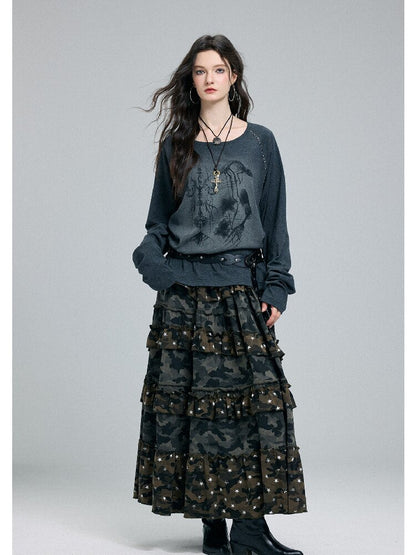 Washed Printed Rivet Knitted Top【s0000016261】