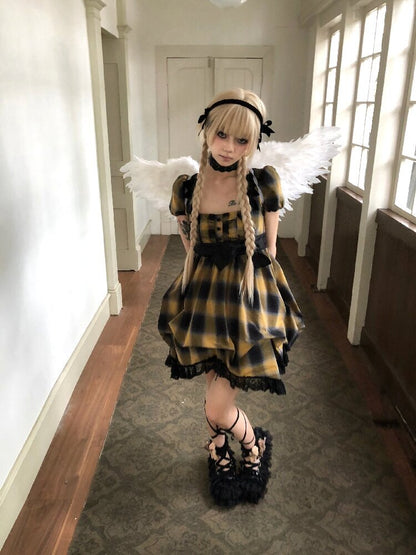 Plaid Puff Sleeve Lantern Dress【s0000016892】