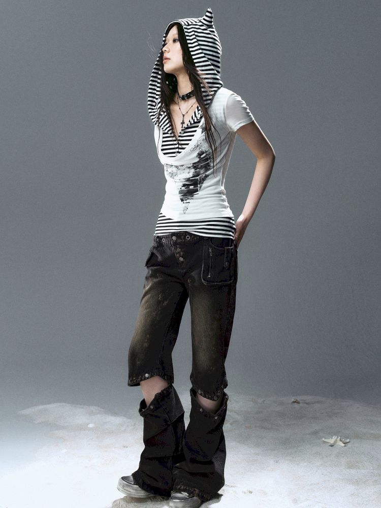 Swing Neck Striped Short Sleeve T-Shirt【s0000012807】