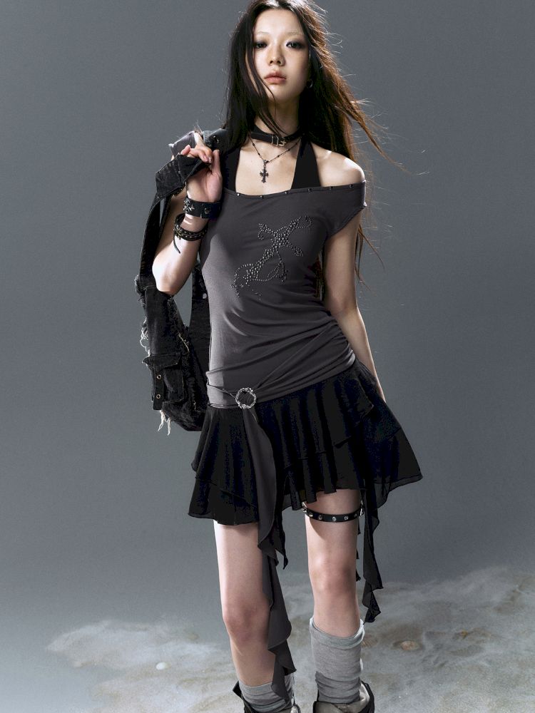 Chiffon ruffle patchwork off-the-shoulder dress【s0000012801】