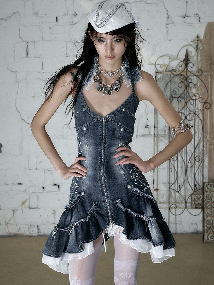Court Embroidered Denim Mermaid Dress【s0000016983】