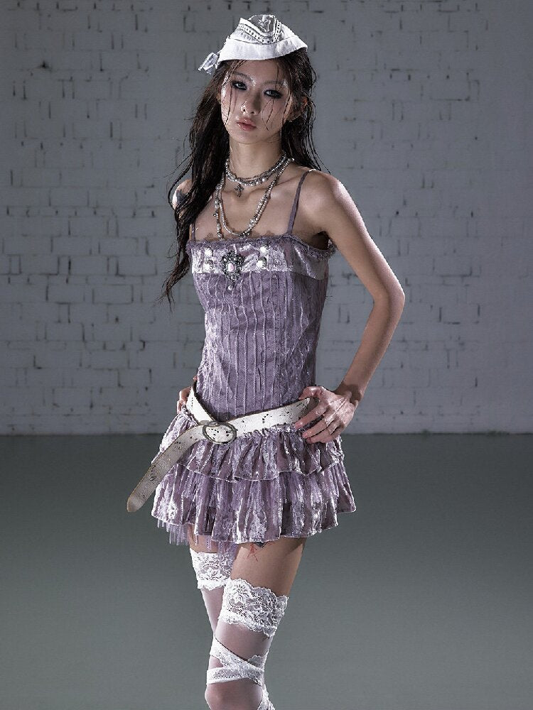 Mesh Velvet Suspender Slim Dress【s0000016211】