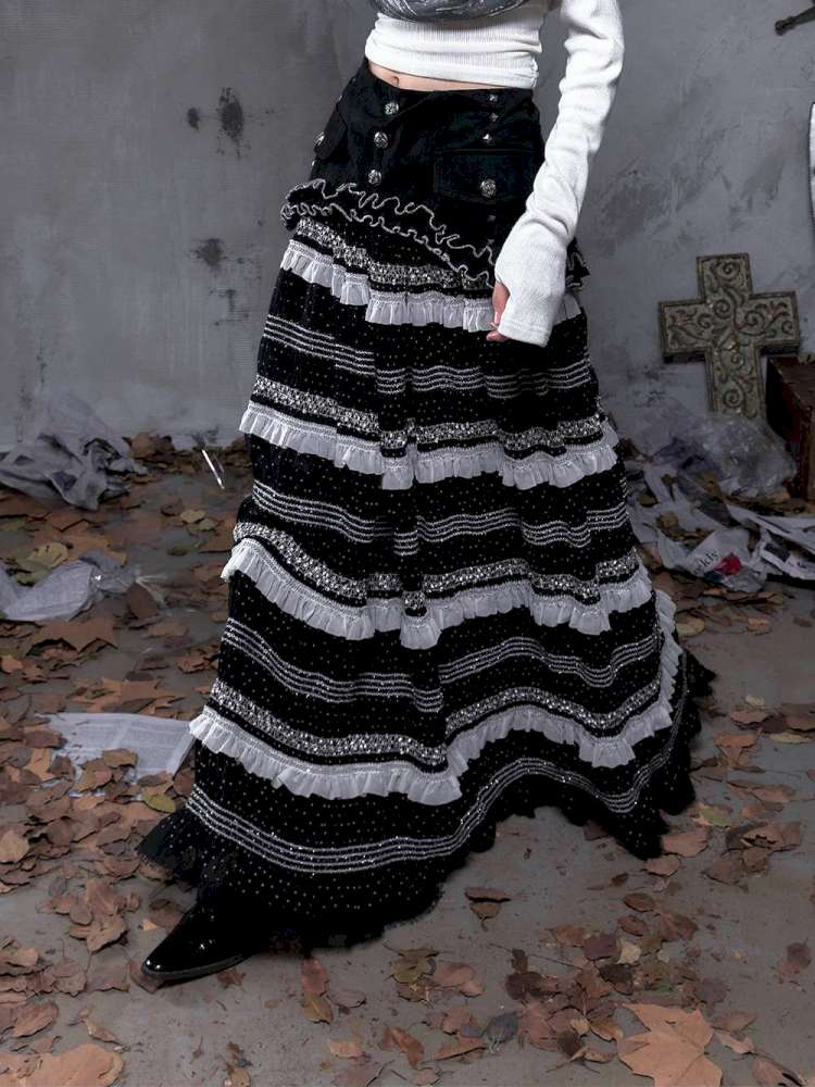 Patchwork Gathered A-Line Skirt【s0000014461】