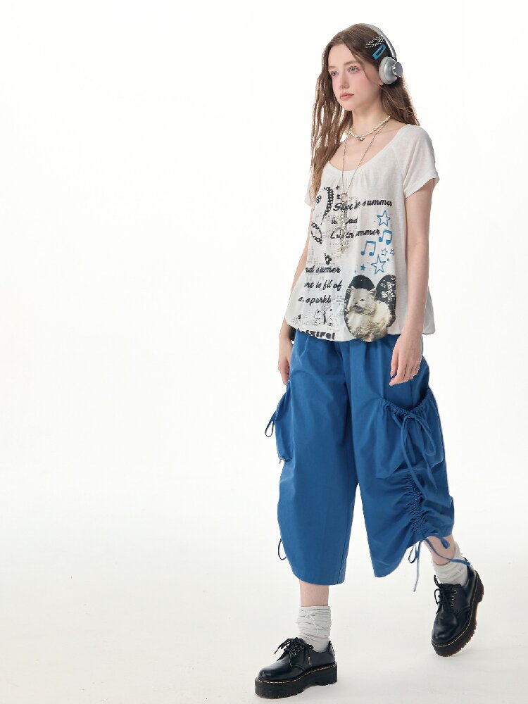 Cat Print Lazy Drawstring T-Shirt【s0000017253】