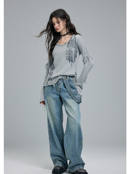 Washed Scratch Wide-Leg Jeans【s0000016255】
