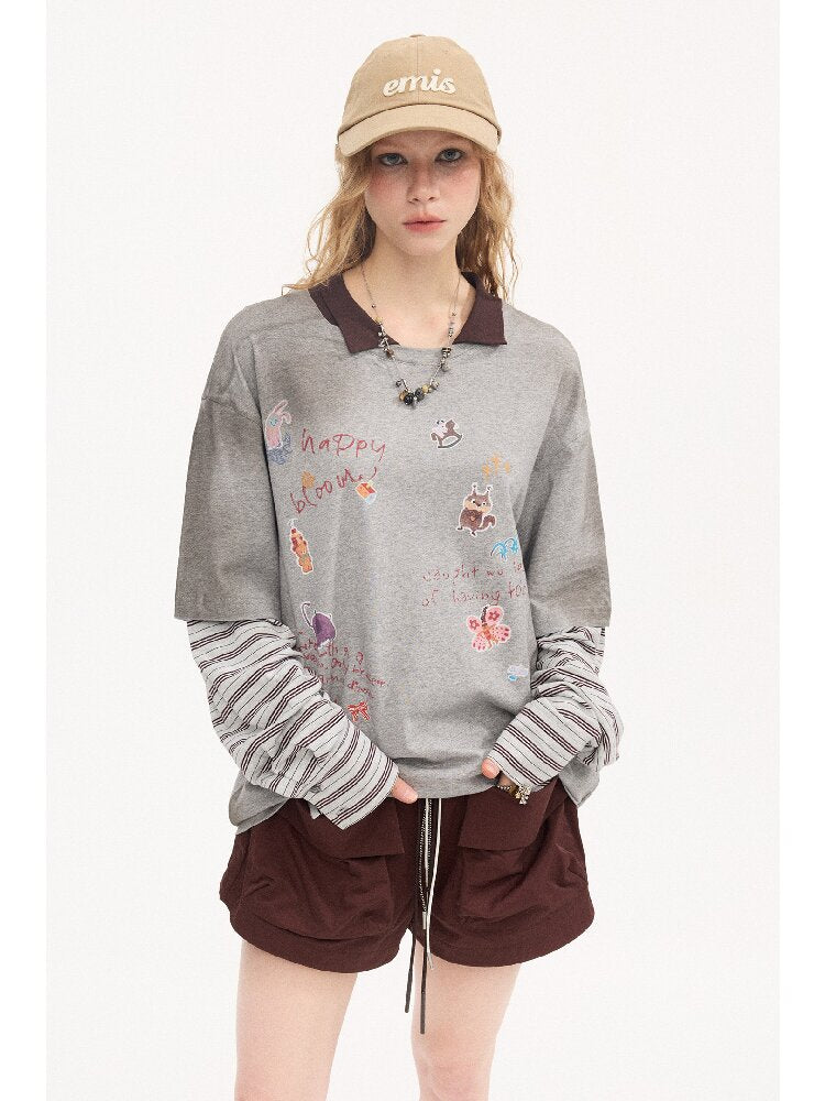 Cartoon Sticker Long Sleeve T-shirt【s0000015894】